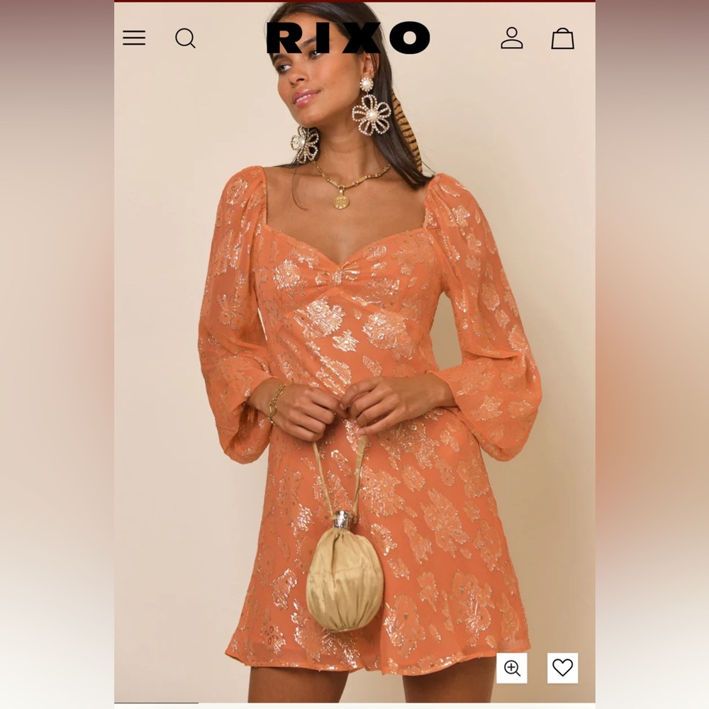 RIXO Orange Mini Dress with Gold Foil Detail